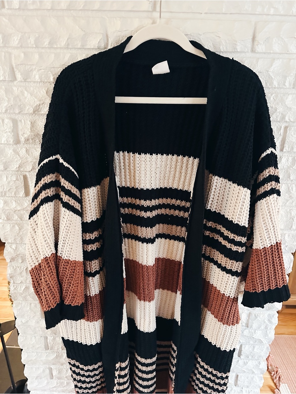 By Together Open-Front Striped Cardigan Sweater - Black, Cream & Brown - Picture 2 of 5